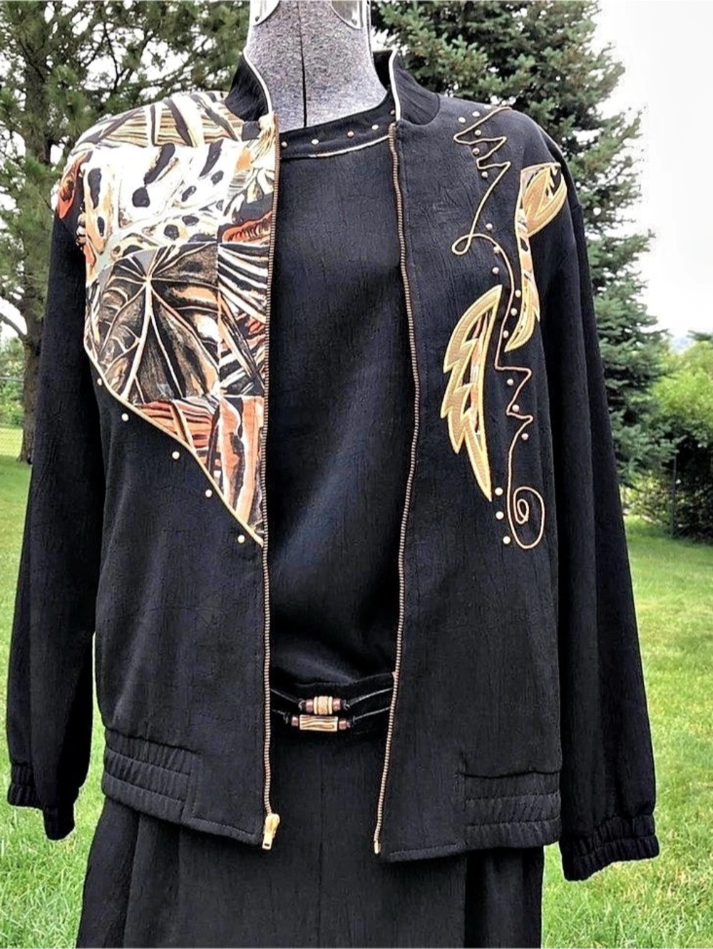 VTG 90s City Girl Nancy Bolen 3 Pc Pant Set Tropical Leaf Embroidered - Size 8